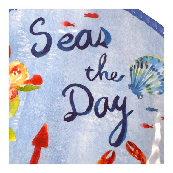 Seas The Day Nautical Melamine Plate 10" Round Blue Red Crab Anchor Beach House - Picture 7 of 7